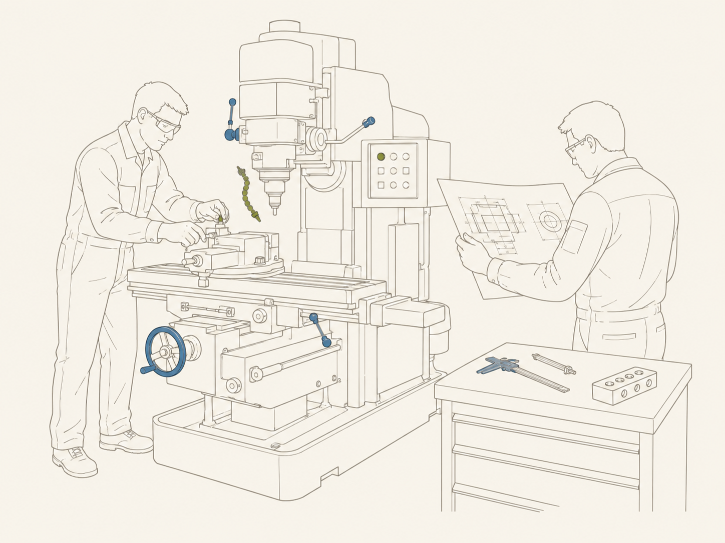 Ilustración técnica: dos técnicos de Zuman trabajando sobre una fresadora, uno ajustando la pieza y otro consultando un plano