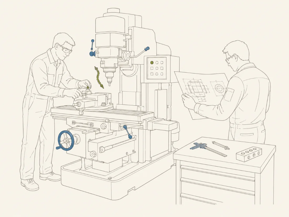 Ilustración técnica: dos técnicos de Zuman trabajando sobre una fresadora, uno ajustando la pieza y otro consultando un plano