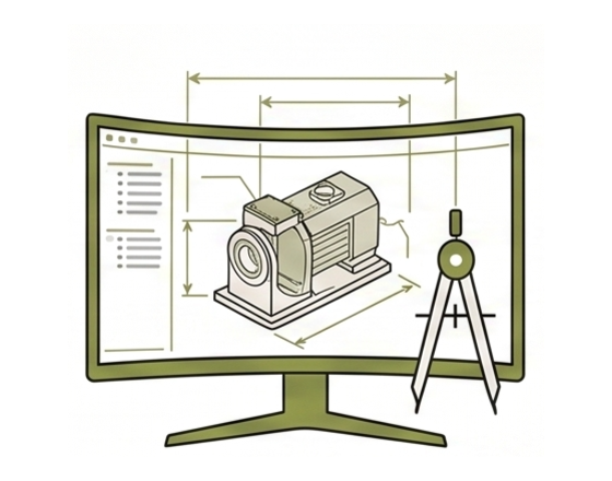 Diseño: pantalla CAD con modelo 3D de la máquina y compás de dibujo técnico