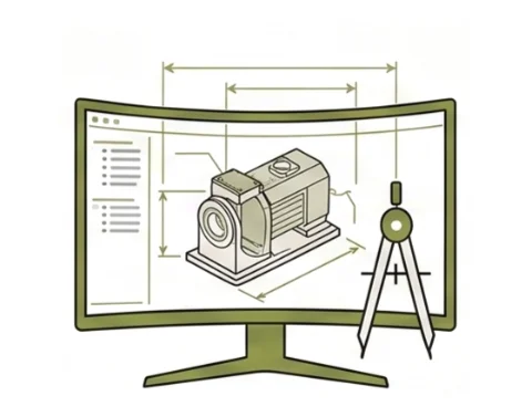 Diseño: pantalla CAD con modelo 3D de la máquina y compás de dibujo técnico