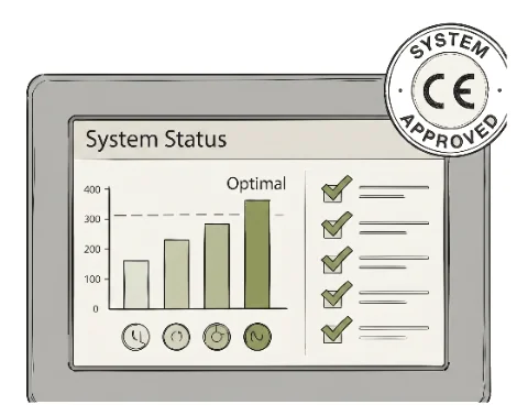 Puesta en marcha: panel HMI con estado del sistema, checklist y marcado CE