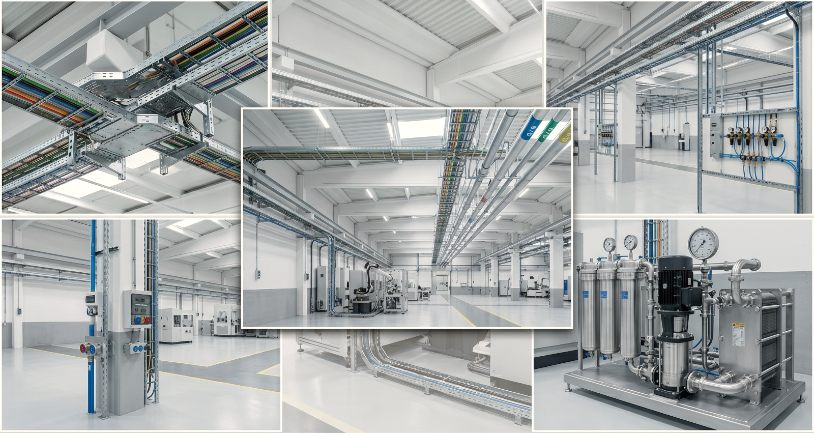 Instalaciones auxiliares industriales: bandejas de cableado, redes de aire comprimido, distribución hidráulica, cuadros eléctricos y grupo de bombeo en nave de producción