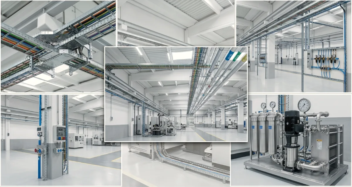 Instalaciones auxiliares industriales: bandejas de cableado, redes de aire comprimido, distribución hidráulica, cuadros eléctricos y grupo de bombeo en nave de producción