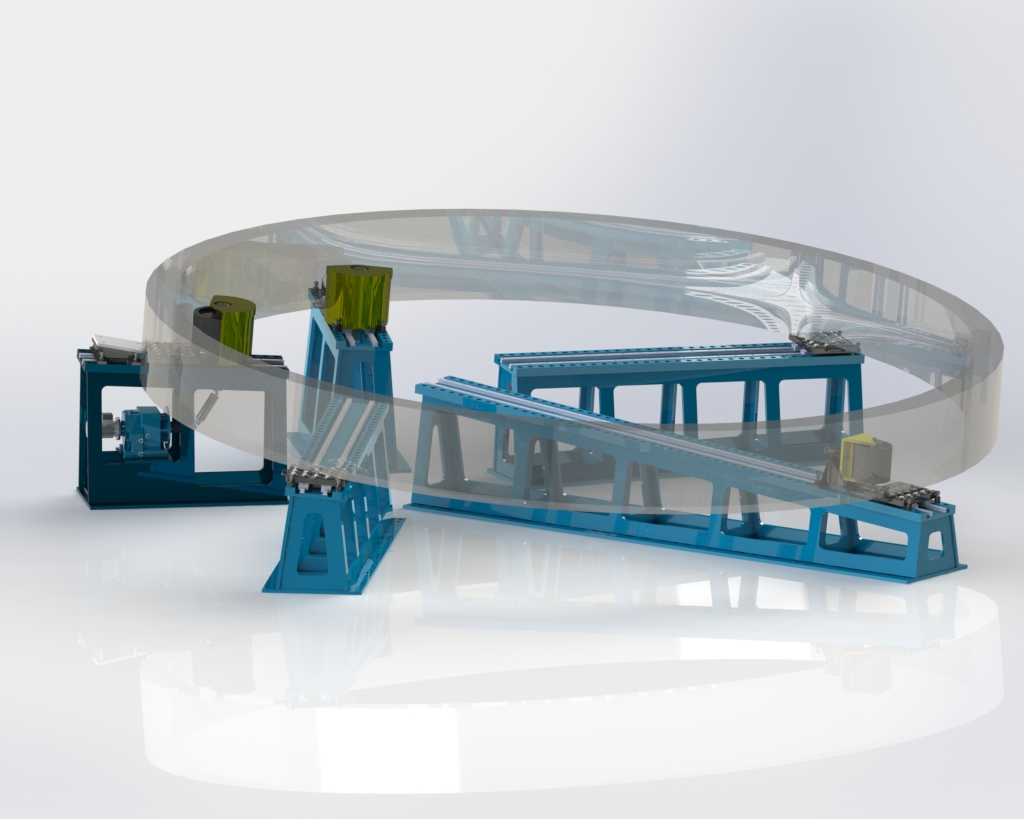 Máquina especial diseñada y fabricada por Zuman: sistema de soportes y rodillos motorizados para la manipulación y giro de un anillo de gran diámetro