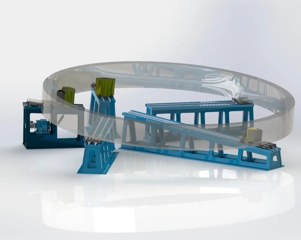 Máquina especial diseñada y fabricada por Zuman: sistema de soportes y rodillos motorizados para la manipulación y giro de un anillo de gran diámetro