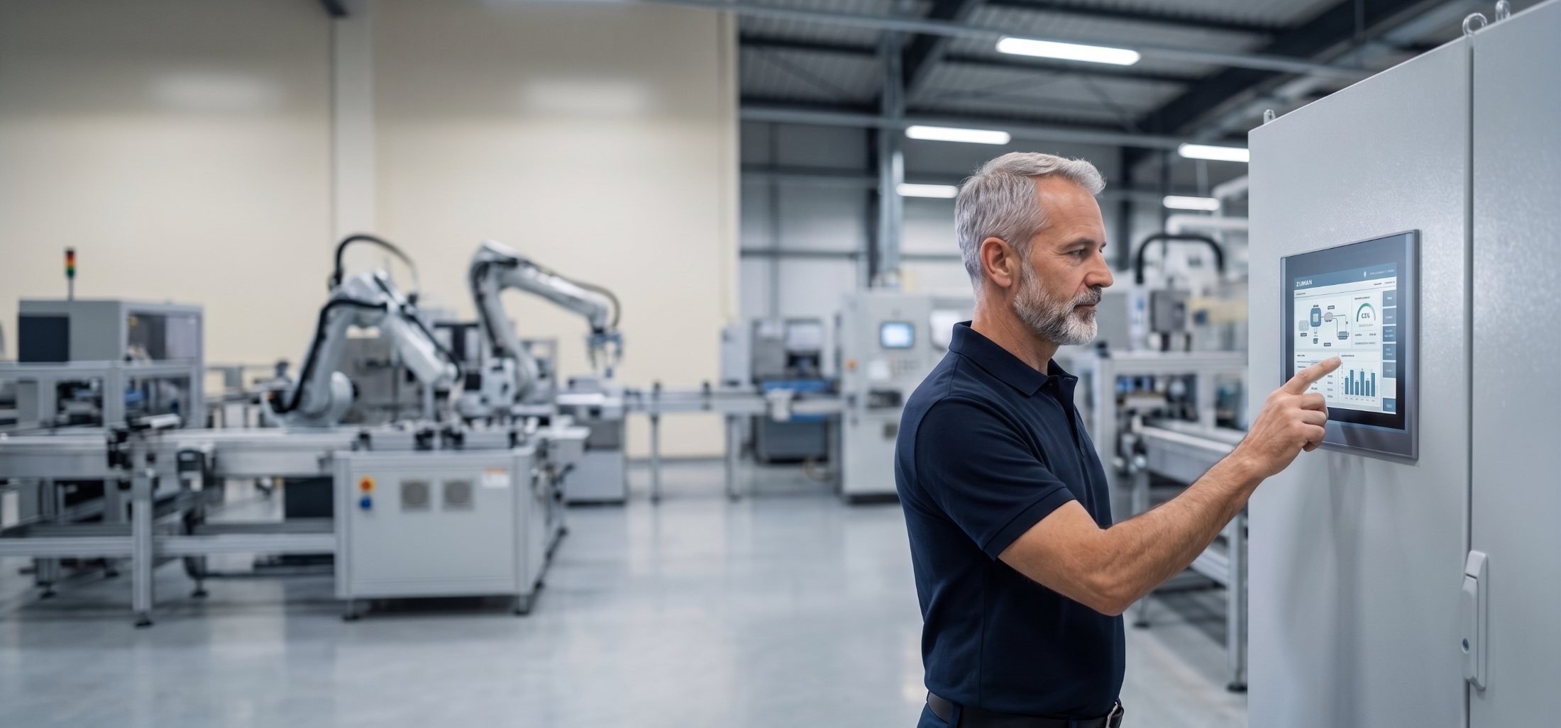 Técnico de Zuman supervisando una máquina automatizada desde un panel HMI táctil en planta