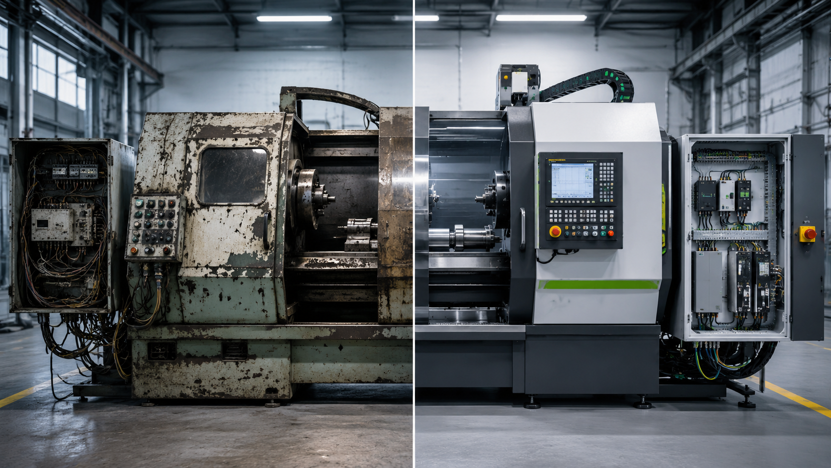 Comparativa antes y después de un retrofit: máquina industrial con cuadro eléctrico envejecido frente a la misma máquina modernizada con control actual y cuadro nuevo